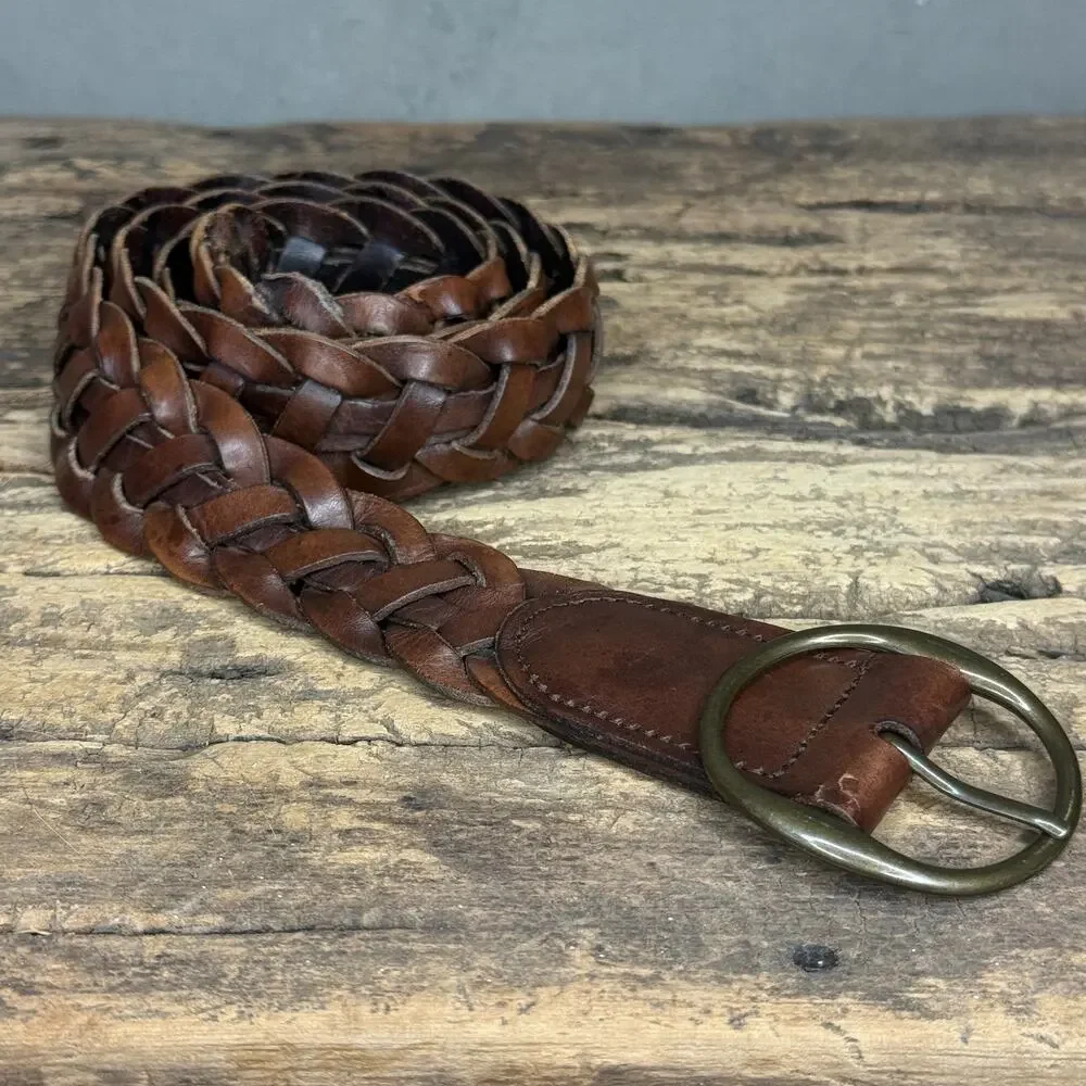 Gap Y2K Wide Braided Leather Belt Brown 3 Inch 46 Inch Adjustable No Holes